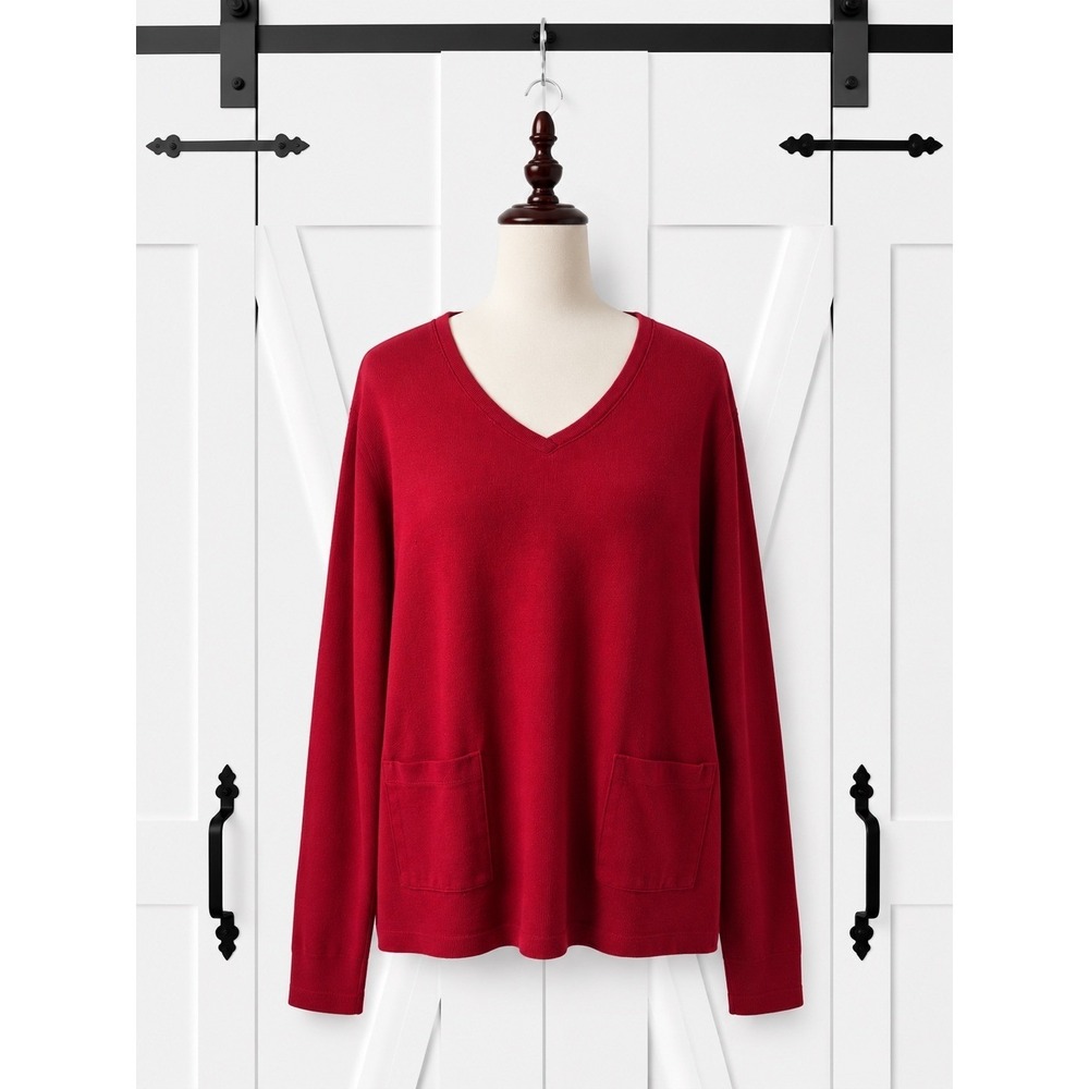 J. Jill Pullover Sweater Size XL Classic‎ Red Cotton V-Neck Pockets Button Cuffs